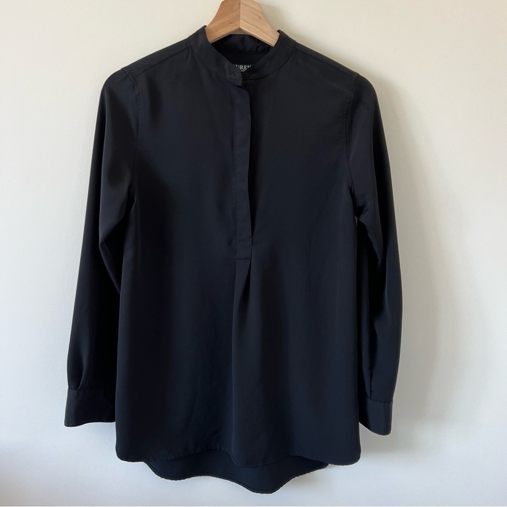 Lauren Ralph Black Mandarin Collar Concealed Placket Blouse Top